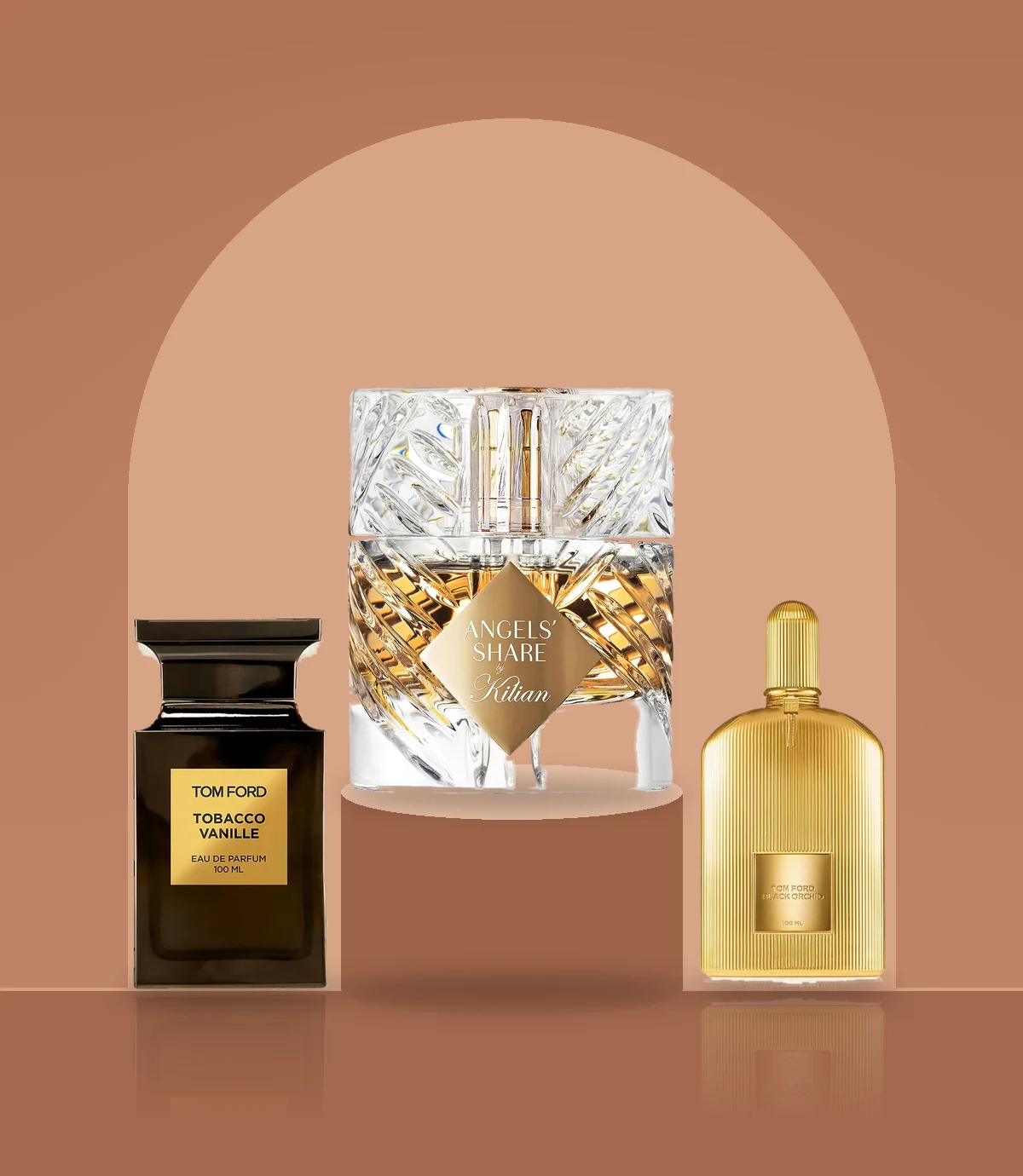 Angels’ Share on a pedestal between Tobacco Vanille and Black Orchid Parfum Gold