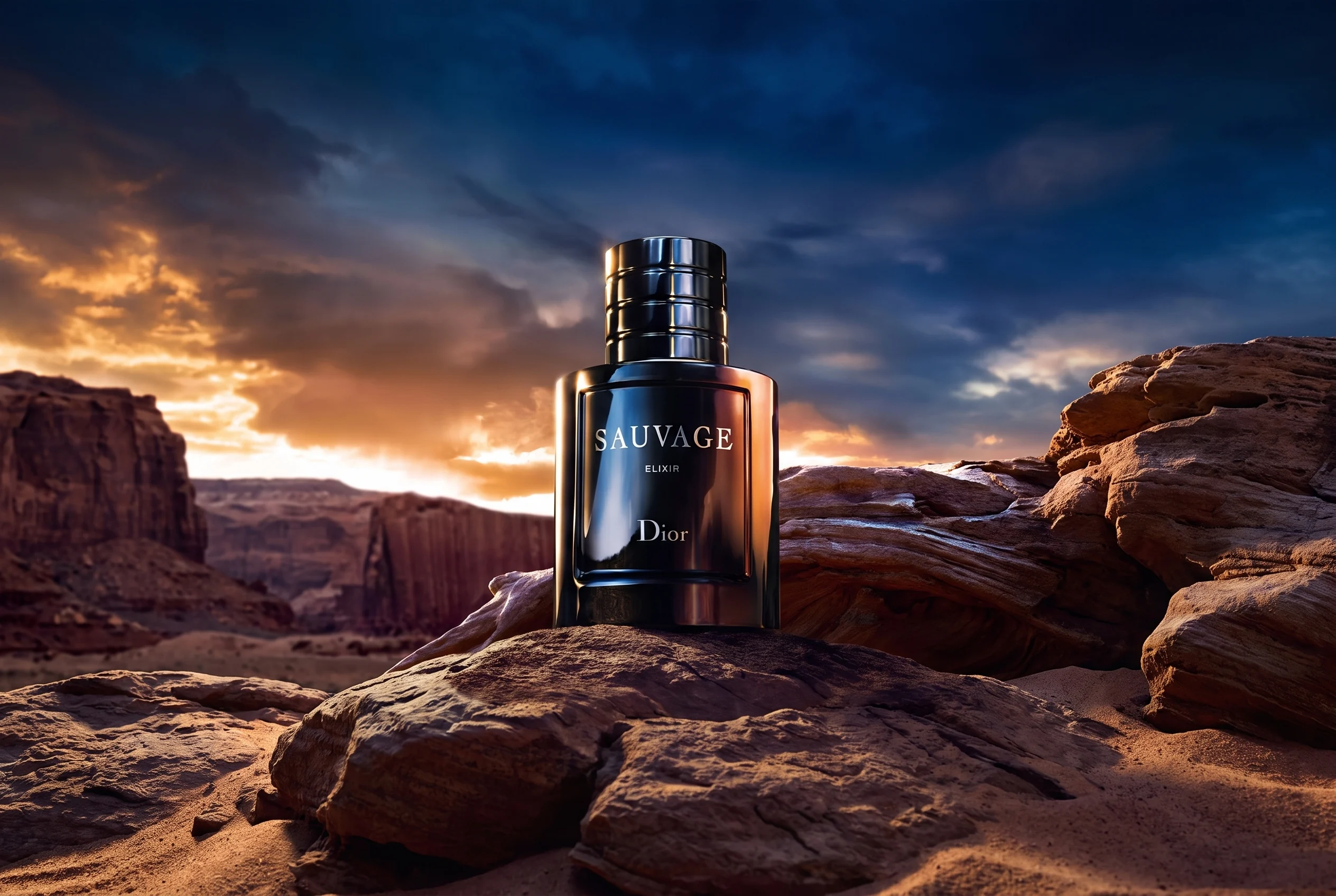 Dior Sauvage Elixir on a rock at sunset