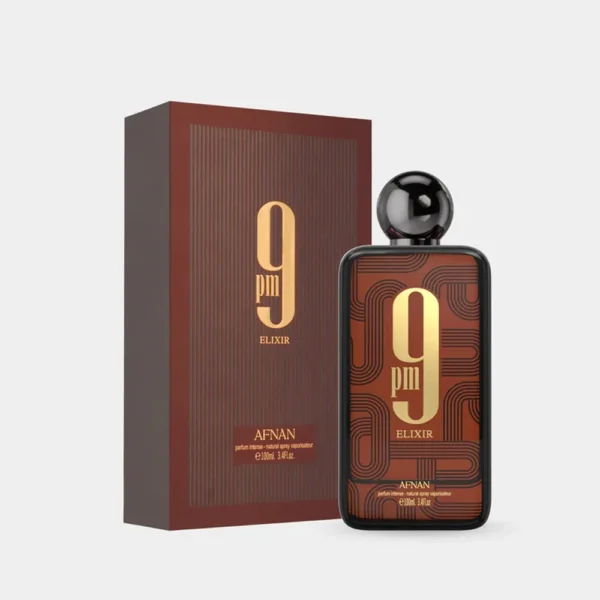 Afnan 9PM Elixir 100ml bottle beside its brown box