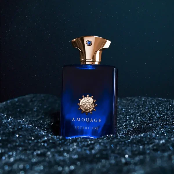 Amouage Interlude Man Eau De Parfum 100ml bottle on dark glitter
