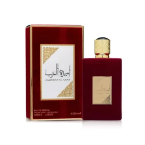 Asdaaf Ameerat Al Arab Eau De Parfum 100ml red bottle beside its box