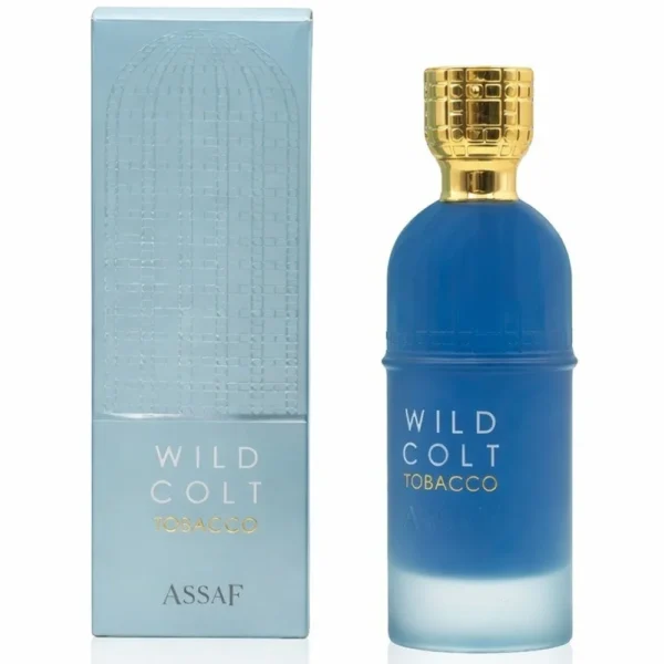 Assaf Wild Colt Tobacco Eau De Parfum 100ml – with box Assaf Wild Colt Tobacco Eau De Parfum 100ml blue bottle beside its box