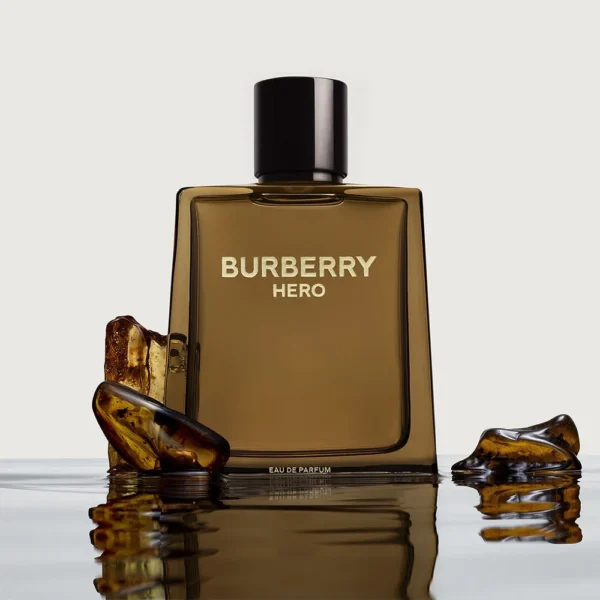 Burberry Hero Eau De Parfum 100ml bottle with amber resin on water