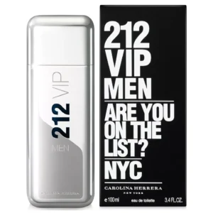 Carolina Herrera 212 VIP Men Eau De Toilette 100ml bottle beside its black box