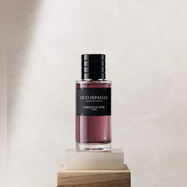 Dior Oud Ispahan Eau De Parfum 100ml bottle on a stone pedestal