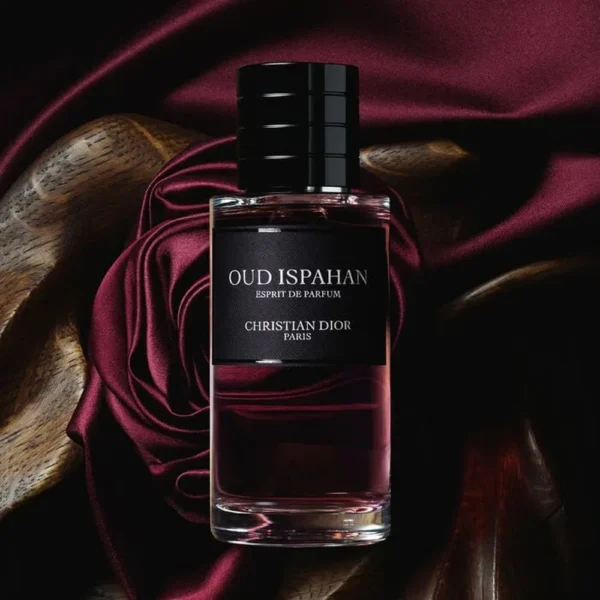 Dior Oud Ispahan Eau De Parfum 100ml bottle on deep red silk