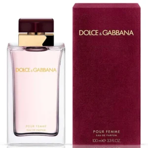 Dolce & Gabbana Pour Femme Eau De Parfum 100ml bottle beside its burgundy box