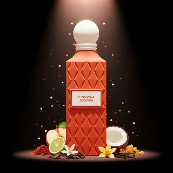 Ibraq Nude Coral Diamond Eau De Parfum 150ml bottle with coconut, lime and vanilla flowers
