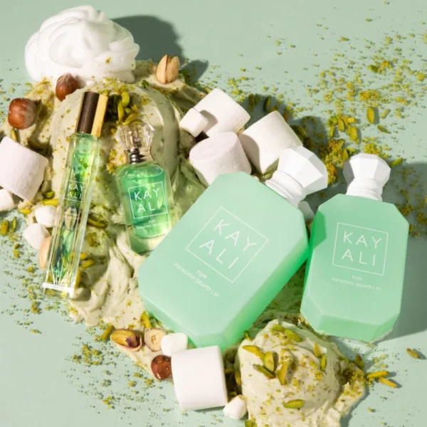 Kayali Yum Pistachio Gelato | 33 Eau De Parfum 100ml bottles with pistachios and marshmallows