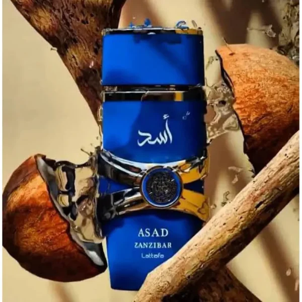 Lattafa Asad Zanzibar Eau De Parfum 100ml bottle with coconuts