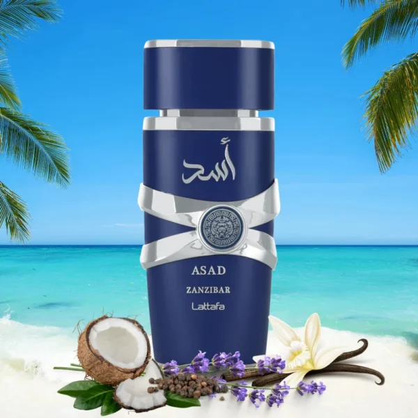 Lattafa Asad Zanzibar Eau De Parfum 100ml bottle on a beach with coconut and lavender