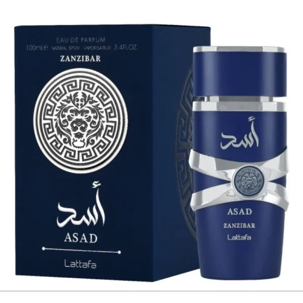 Lattafa Asad Zanzibar Eau De Parfum 100ml bottle beside its box