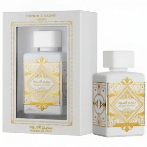 Lattafa Bade'e Al Oud Honor & Glory Eau De Parfum 100ml bottle beside its box