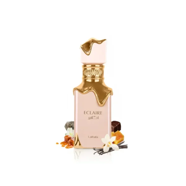 Lattafa Eclaire Eau De Parfum 100ml bottle with caramel and vanilla flowers