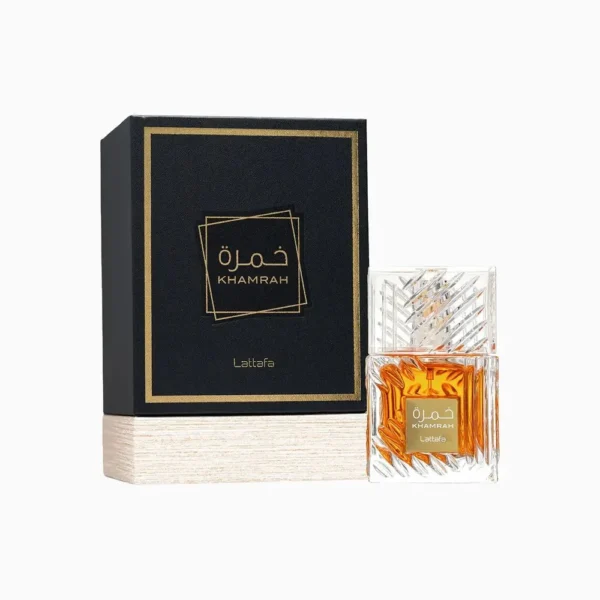 Lattafa Khamrah Eau De Parfum 100ml bottle beside its box