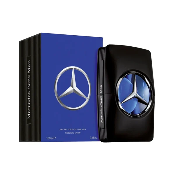 Mercedes-Benz Man Eau De Toilette 100ml bottle beside its blue box